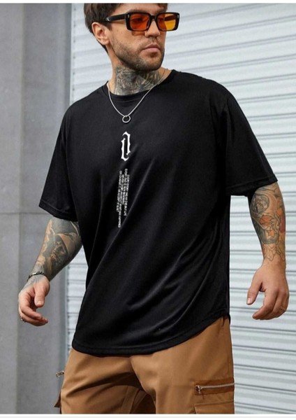 Dikey Baskılı O Yaka Oversize Unisex Basic T-Shirt
