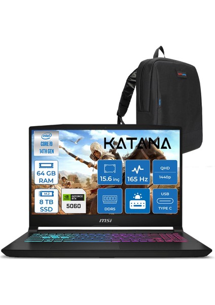 Msı Katana 15 Hx Intel Core I9 14900HX 64GB Ddr5 8tb SSD Freedos RTX5060 8gb 115W 15.6" 2k QHD(2560X1440) 165Hz Taşınabilir Bilgisayar B14WFK450XTRF42 + Zetta Çanta