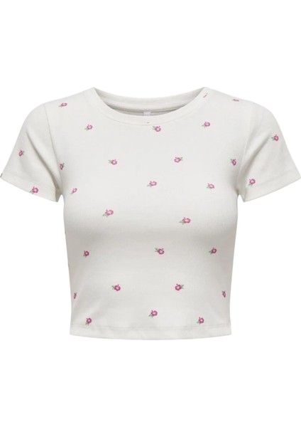 Desenli Bisikelt Yaka Kaın Crop T-Shirt