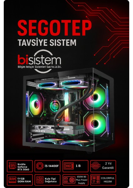 Bisistem Segotep-Bs-D Brave W1 Intel İ5-14400F 64GB Ddr4 Ram 1tb M.2 SSD RTX5060 Free-Dos Oyuncu Masaüstü Bilgisayar