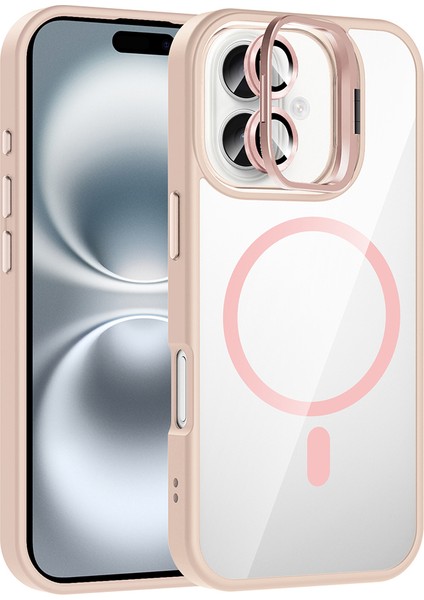 iPhone 16 Plus Kılıf Standlı ve Kamera Lens Hediyeli M-Safe Şarj Özellikli Sah Etro Kapak - Pembe