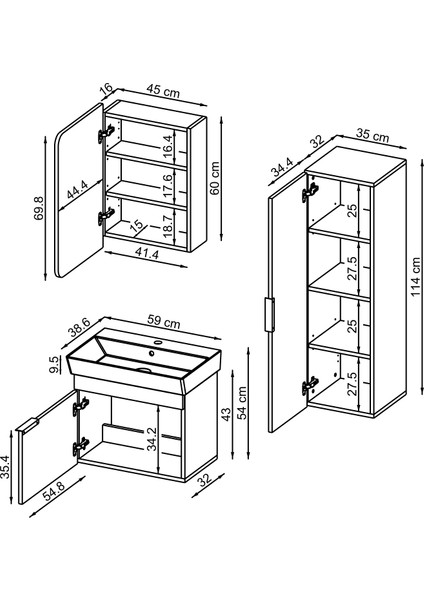 Likya Mdflam Kapaklı Lavabolu 60 cm Banyo Alt Dolabı + Banyo Üst Dolabı + Banyo Boy Dolabı fiyatları