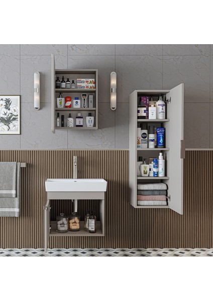 Likya Mdflam Kapaklı Lavabolu 60 cm Banyo Alt Dolabı + Banyo Üst Dolabı + Banyo Boy Dolabı modelleri