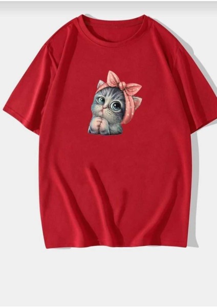 Sevimli Kedi Baskılı Oversize Basic O Yaka Unisex T-Shirt