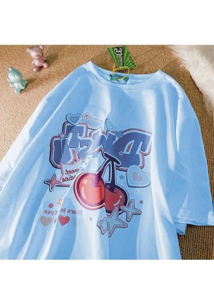Malkoçbey Vişne Baskılı Oversize Unisex Basic T-Shirt