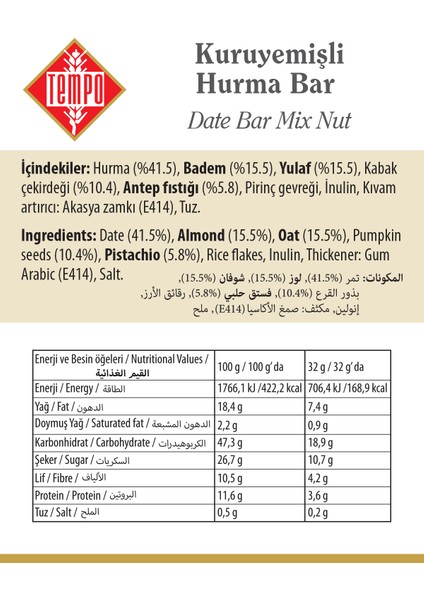 Kuruyemişli Hurmalı Bar 40 G x 12 Adet indirimleri