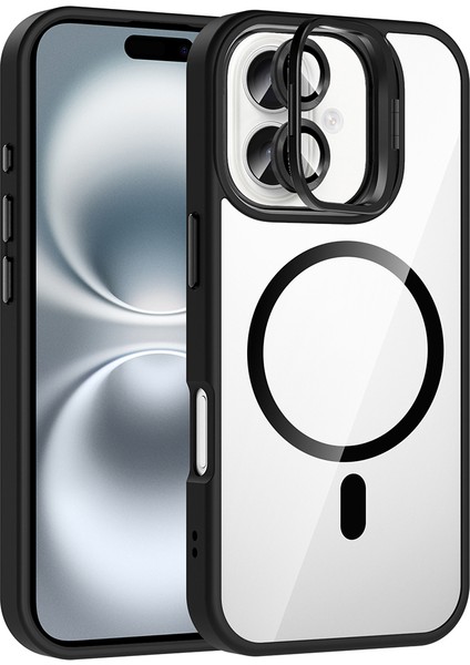 iPhone 16 Plus Kılıf Standlı ve Kamera Lens Hediyeli M-Safe Şarj Özellikli Sah Etro Kapak - Siyah