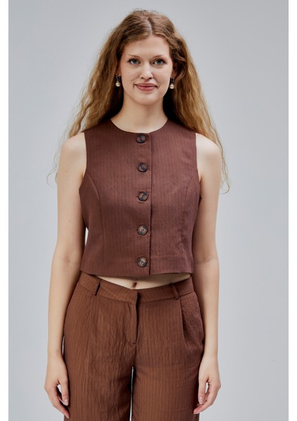 Acı Kahve Çizgili Modal Yelek-Pantolon Takım