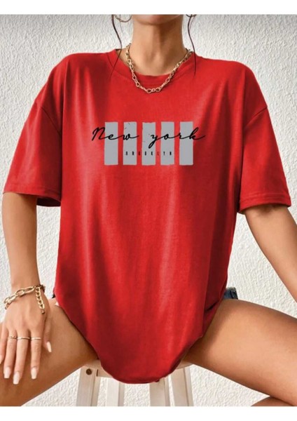 Malkoçbey Newyork Broklıyn Baskılı Oversize Unisex Basic T-Shirt