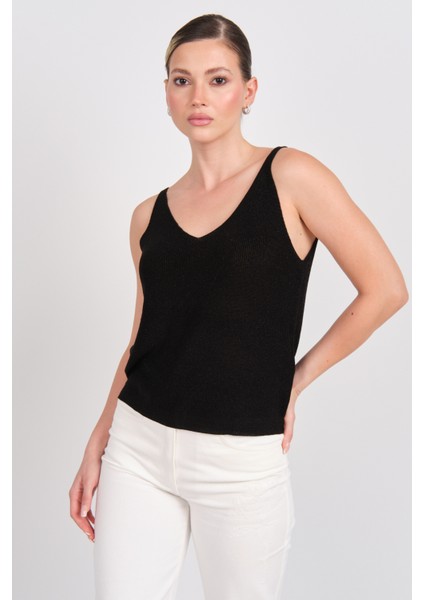 Kadın Onlshına V Yaka Simli Örme Bluz 15322379 Siyah