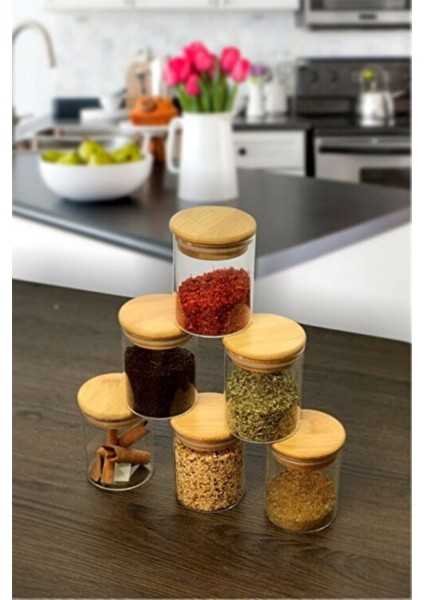 6'lı Bambu Kapaklı Cam Kavanoz Baharatlık 200 Ml, Şık ve Kullanışlı Set