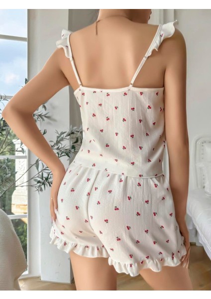 - Pamuklu Beyaz Üstüne Kiraz Desen Fırfır Askılı Şortlu Pijama Takımı modelleri