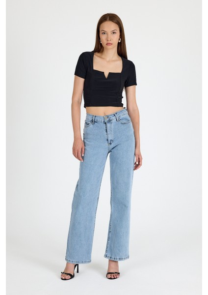 Siyah Kare Yaka V Kesim Detaylı Crop Bluz 10432 modelleri