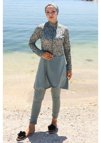 Likralı Desenli Etekli Tam Kapalı Mayo Mint HM2789