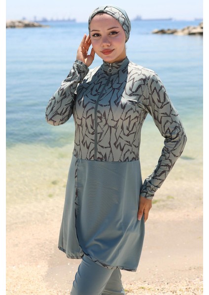 Likralı Desenli Etekli Tam Kapalı Mayo Mint HM2789 fiyatları