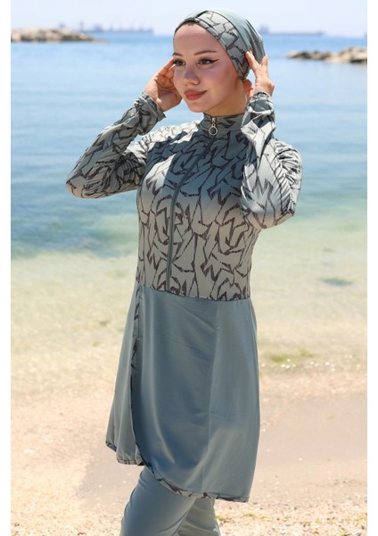 Likralı Desenli Etekli Tam Kapalı Mayo Mint HM2789 modelleri
