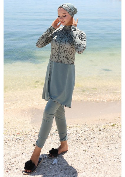 Likralı Desenli Etekli Tam Kapalı Mayo Mint HM2789 fırsatları