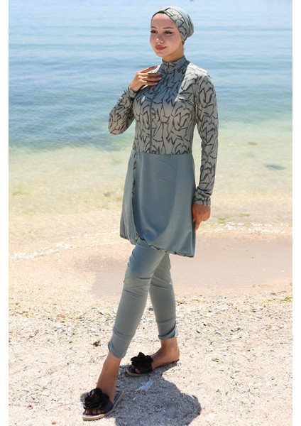 Likralı Desenli Etekli Tam Kapalı Mayo Mint HM2789 indirimleri