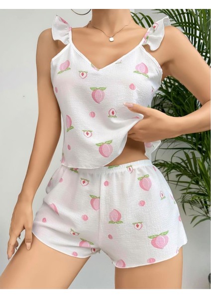 - Pamuklu Beyaz Üstüne Çiçek Desen Fırfır Askılı Şortlu Pijama Takımı fiyatları