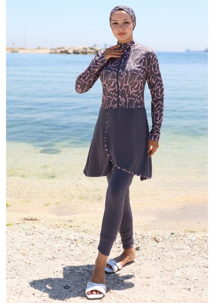 Likralı Desenli Etekli Tam Kapalı Mayo Füme HM2789