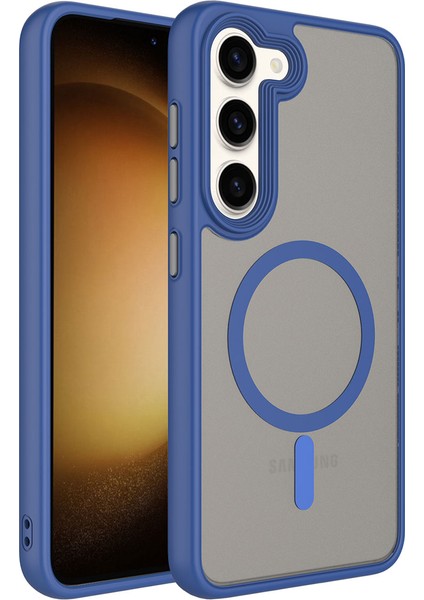 Galaxy S23 Kılıf Mat Arka Yüzey Wireless Şarj Özellikli Kflg Flet Magsafe Kapak-Mavi