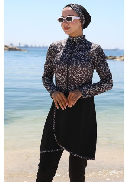 Yarım Fermuarlı Çiçek Desenli Tam Kapalı Tesettür Mayo Siyah HM2786 modelleri