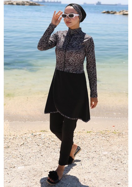 Yarım Fermuarlı Çiçek Desenli Tam Kapalı Tesettür Mayo Siyah HM2786 fırsatları