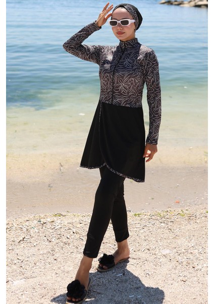 Yarım Fermuarlı Çiçek Desenli Tam Kapalı Tesettür Mayo Siyah HM2786 indirimleri