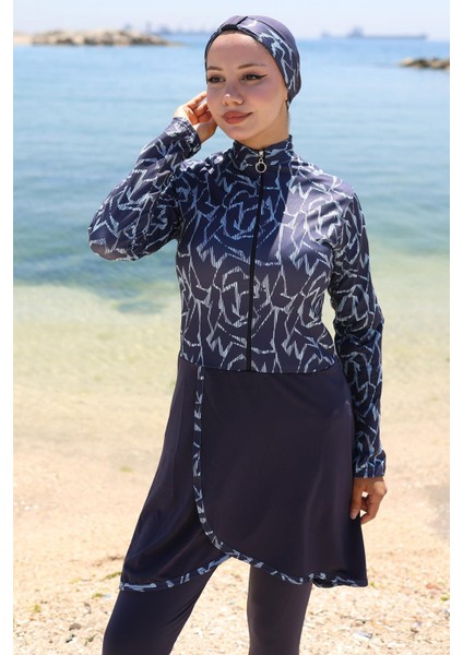 Likralı Desenli Etekli Tam Kapalı Mayo Lacivert HM2789