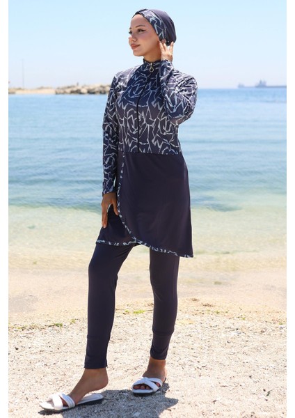 Likralı Desenli Etekli Tam Kapalı Mayo Lacivert HM2789 fiyatları
