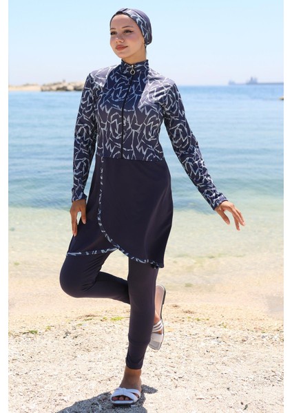 Likralı Desenli Etekli Tam Kapalı Mayo Lacivert HM2789 modelleri