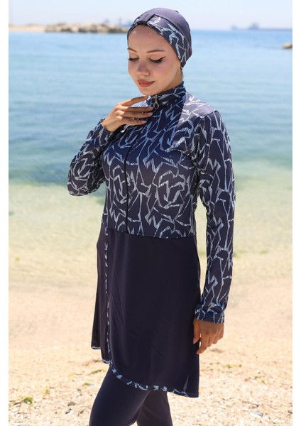 Likralı Desenli Etekli Tam Kapalı Mayo Lacivert HM2789 fırsatları