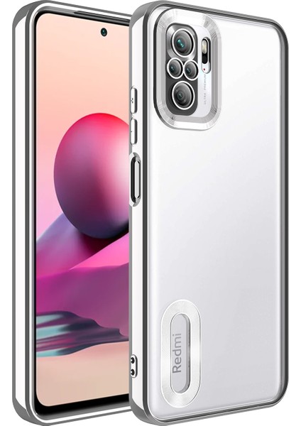 Xiaomi Redmi Note 10S Kılıf Kamera Korumalı Logo Gösteren Kflg Omega Kapak-Gümüş