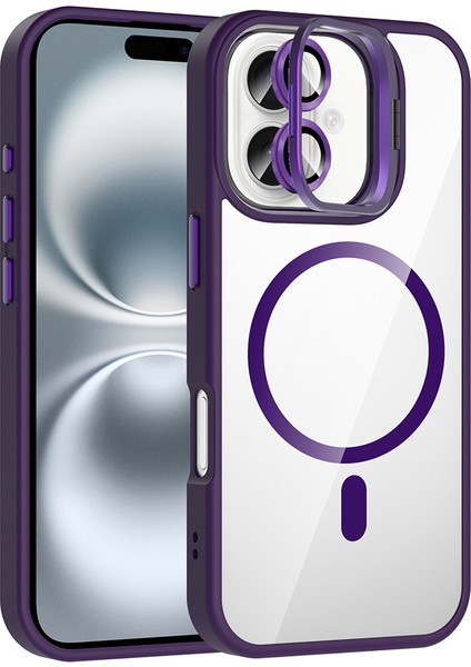 iPhone 16 Plus Kılıf Standlı ve Kamera Lens Hediyeli M-Safe Şarj Özellikli Sah Etro Kapak - Derin M