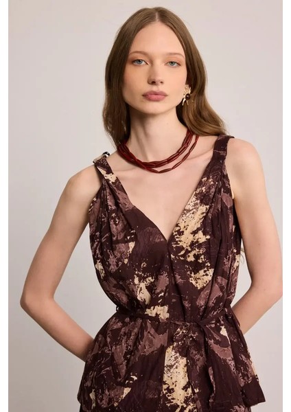 Batik Desenli Bohem Bluz - Kahverengi