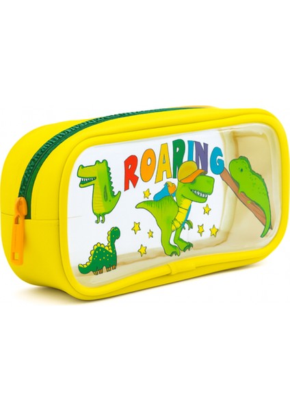 Sarı Renk Dino Desenli Şeffaf Su Geçirmez Tek Bölmeli Kalem Kutusu