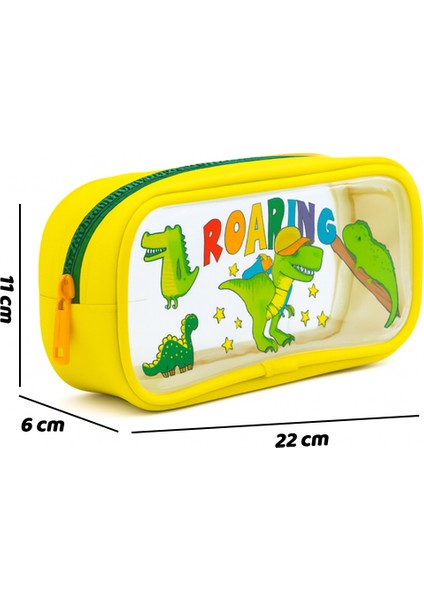 Sarı Renk Dino Desenli Şeffaf Su Geçirmez Tek Bölmeli Kalem Kutusu fırsatları