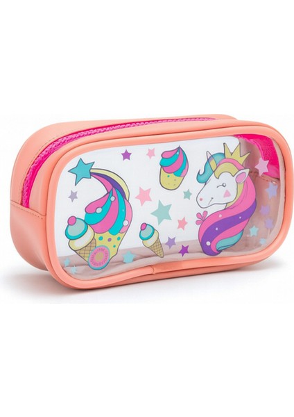 01112 Pembe Renk Unicorn Desenli Şeffaf Su Geçirmez Tek Bölmeli Kalem Kutusu