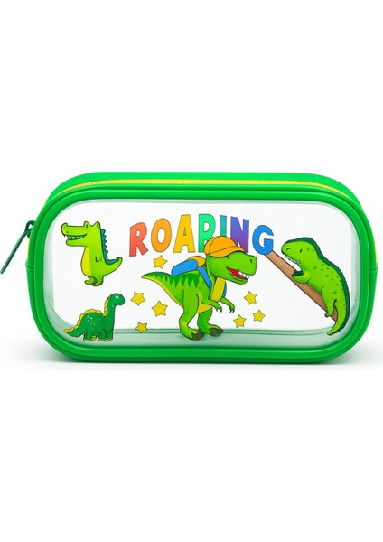 Yeşil Renk Dino Desenli Şeffaf Su Geçirmez Tek Bölmeli Kalem Kutusu fiyatları