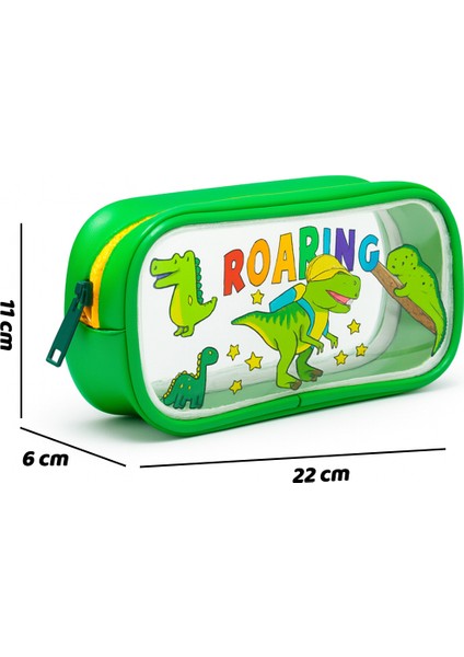 Yeşil Renk Dino Desenli Şeffaf Su Geçirmez Tek Bölmeli Kalem Kutusu fırsatları