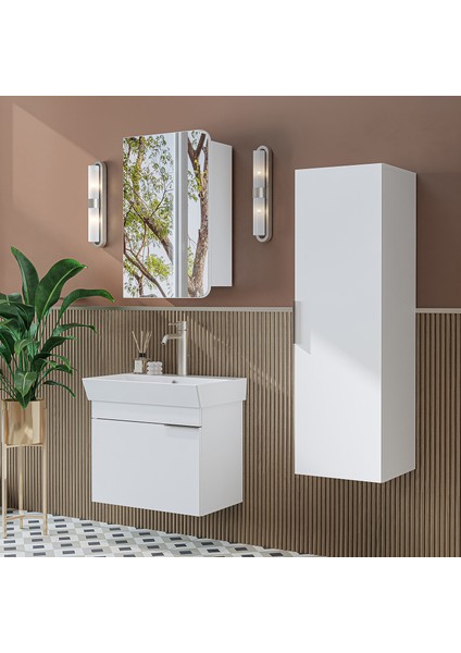 Likya Mdflam Kapaklı Lavabolu 60 cm Banyo Alt Dolabı + Banyo Üst Dolabı + Banyo Boy Dolabı