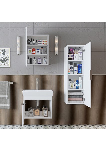 Likya Mdflam Kapaklı Lavabolu 60 cm Banyo Alt Dolabı + Banyo Üst Dolabı + Banyo Boy Dolabı modelleri