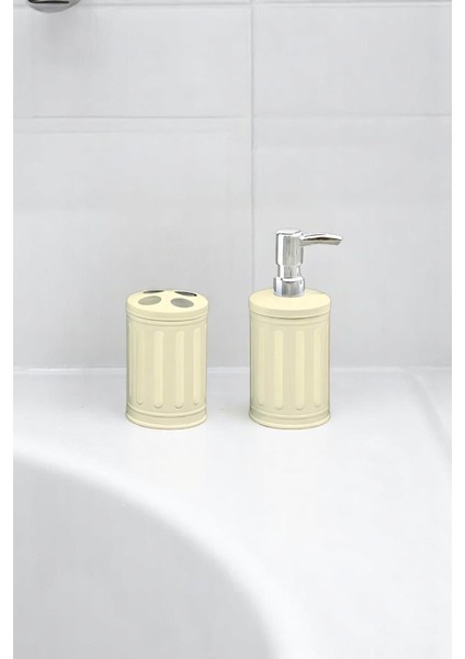Vintage 4'lü Çöp Kovası Banyo Seti Çizgili Krem