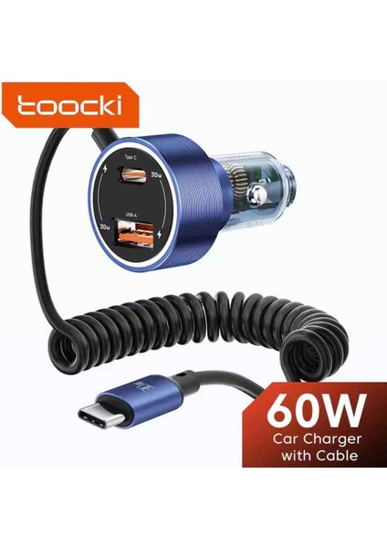 Toocki 60W Yaylı Şarj Kablolu 3 Girişli Type-C ve Usb Hızlı CE+Rohs Lisanslı Orjinal Sağlam Araç Şarjı