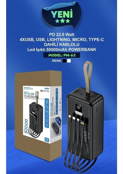 Acl Pw-63 50.000 Mah Taşınabilir Batarya Şarj Aleti Kamp Seyhat Dahili Kablolu 22.5 Watt Powerbank