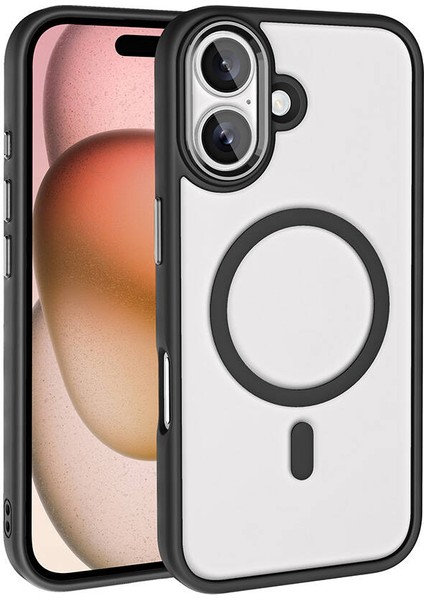 Apple iPhone 16 Kılıf Wireless Şarj Özellikli Kflg Krom Magsafe Silikon Kapak-Siyah