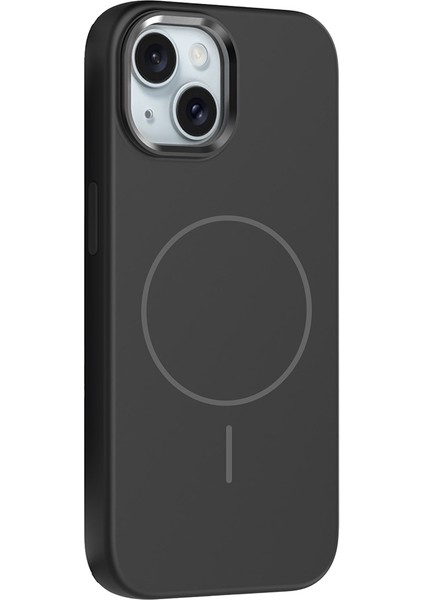 iPhone 14 Kılıf M-Safe Şarj Özellikli Metal Kamera Çerçeveli Sah Edi Silikon Kapak - Siyah
