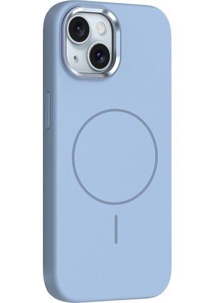 iPhone 14 Kılıf M-Safe Şarj Özellikli Metal Kamera Çerçeveli Sah Edi Silikon Kapak - Açık Mavi