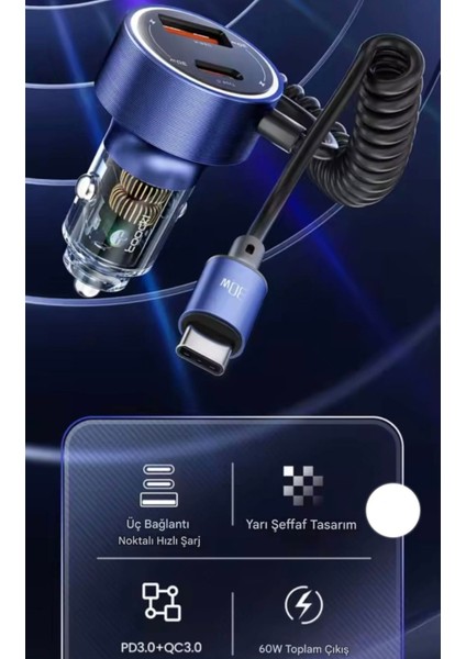 Toocki 60W Yaylı Şarj Kablolu 3 Girişli Type-C ve Usb Hızlı CE+Rohs Lisanslı Orjinal Sağlam Araç Şarjı modelleri