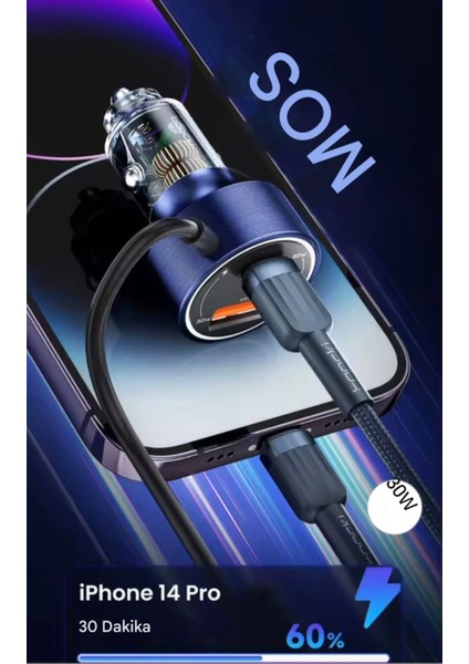 Toocki 60W Yaylı Şarj Kablolu 3 Girişli Type-C ve Usb Hızlı CE+Rohs Lisanslı Orjinal Sağlam Araç Şarjı indirimleri